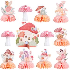 SUNBEAUTY 12 PCS Fairy First Birthday Decorations - Mushroom Honeycomb Centerpieces for Tables - Birthday Party Decor