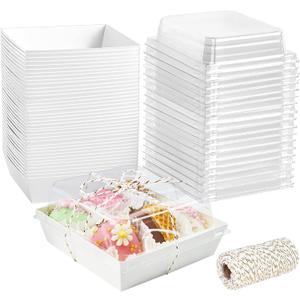 50 Pack 5 Inch Paper Charcuterie Boxes with Clear Lids, Square To Go Cake Slice Containers Small Bakery Boxes for Dessert, Cookies, Sandwich, Strawberries (White)