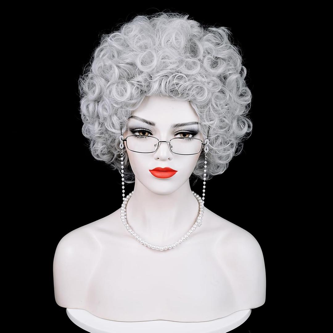 Wiggy Mermaid Short Curly White Afro Wig Women, Landlady Costume Wig 60's 70's Disco Rocker Wig for Halloween Costume Party