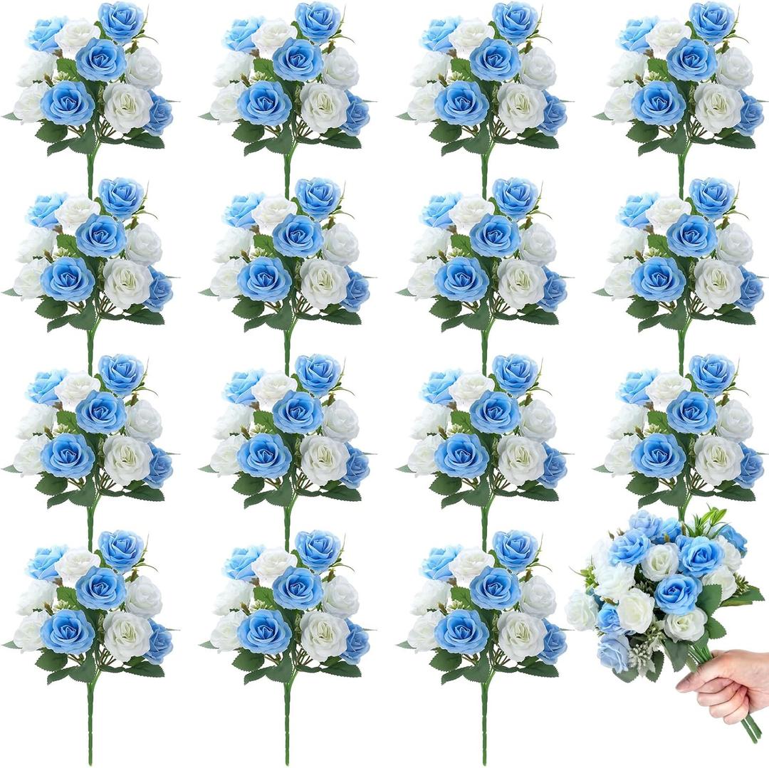 Zeyune 16 Bunches 12 Inch Artificial Mini Rose Bouquet 160 Heads Bridal Flower Bouquets Fake Silk Rose Bulk for Valentine's Day Wedding Bridal Shower Home Office Garden(White and Blue)