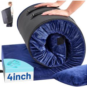 Memory Foam Camping Mattress Pad with Pillow - Extra Thick 4 Inch Sleeping Pad for Camping, Waterproof Roll Up Cot Mattress Topper Bed Mat for Car Truck Tent RV, with Storage Bag, Single: 75*30*4", Navy