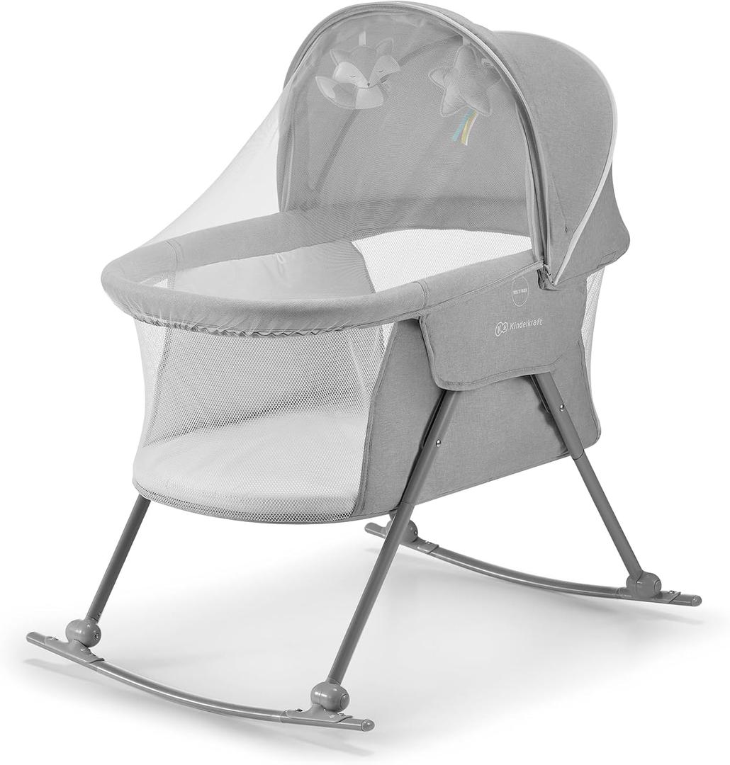 Kinderkraft LOVI Travel Bassinet for Baby, Portable Folding Baby Bed with Built-in Mosquito net, Adjustable Hood and an Additional Cradle Function, Gray, Crib