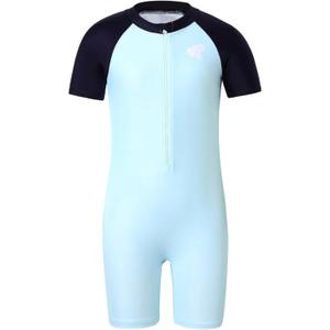 PATPAT Girls Swimsuit Short Sleeve Rashguard One Piece Swimwear Zipper Bathing Suit (Age 2-14) (Icy Blue) Kids 2yrs.