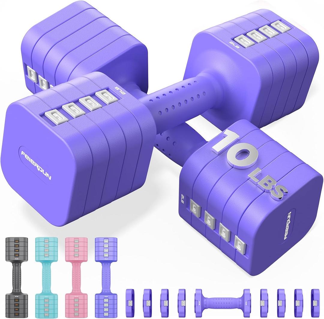 FEIERDUN DB3 5-in-1 Adjustable Dumbbell Set of 2, 20LBS Hand Weights for Women, Men, 1s-Adjust Dual-Stable Dumbbell Set for Women Home Gym & Outdoor, 10LBS Pair (20LBS Total)