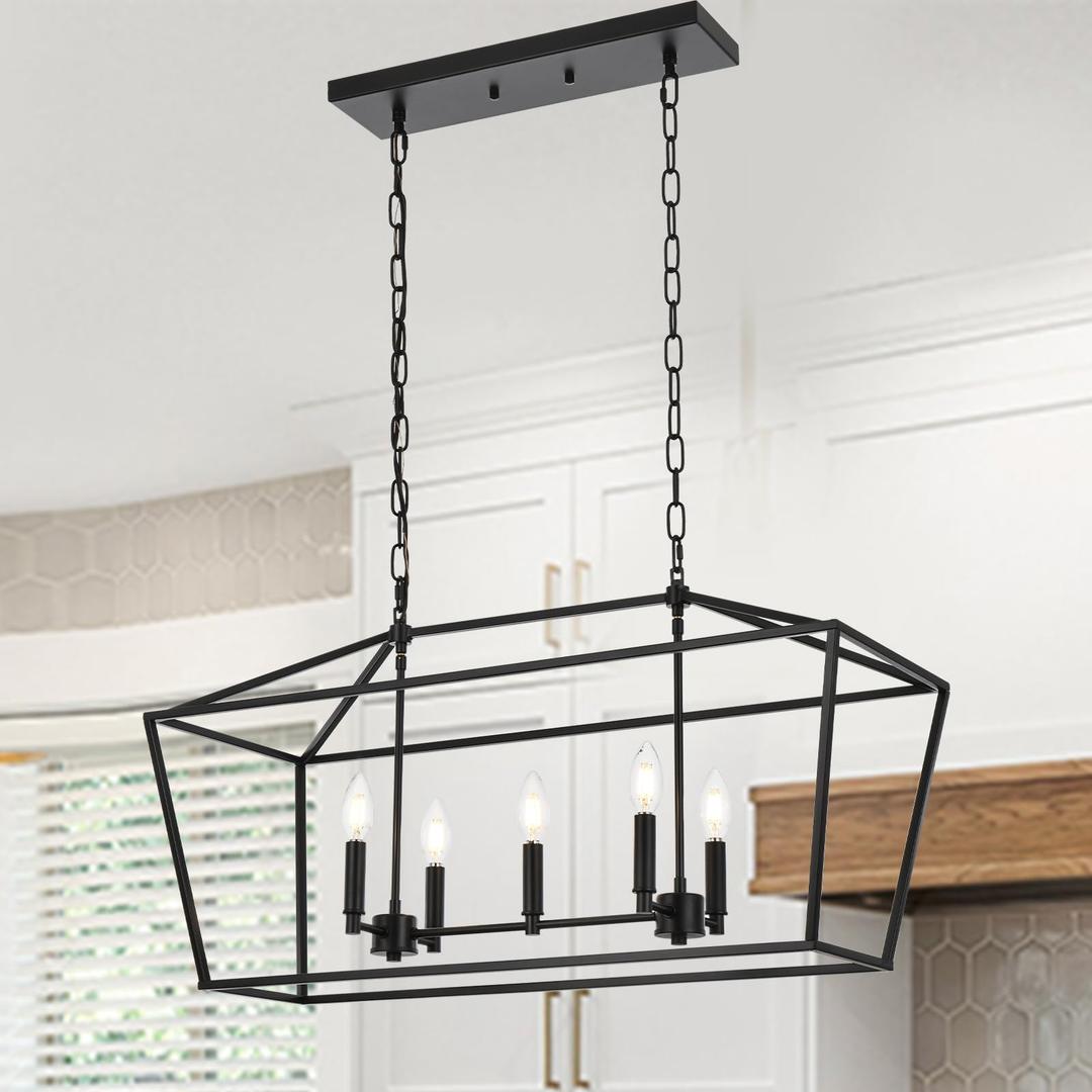 Lucidce 7-Light Farmhouse Lantern Island Chandelier, Black and Gold Rectangular Kitchen Island Light Fixture, Modern Dining Room Hanging Ceiling Light Over Table, E12 Candle Base