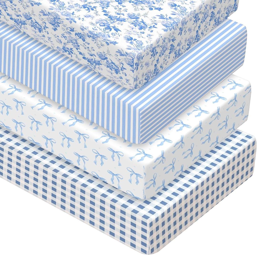 Peryiter 4 Pack Crib Sheets Blue Bow Soft Baby Bed Sheet Set 52'' x 28" Nursery Crib Sheets for Standard Bed Toddler Mattress Nursery Decor Boys Girls Kids