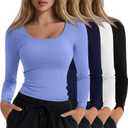 4 Pack Women's Underscrub T-Shirts, Long Sleeve 65% Cotton Tees Slim Fit Scrub Tops Scoop Neck Basic Layer Shirts (Black, White, Navy Blue, Blue Purple)