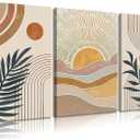 3Pcs Framed Boho Abstract Wall Art Orange Rainbow Sun Desert Minimalist Picture Mid-Century Modern Poster Prints Neutral Botanical Geometric Canvas Painting Wall Decor for Living Room 24L x 16W