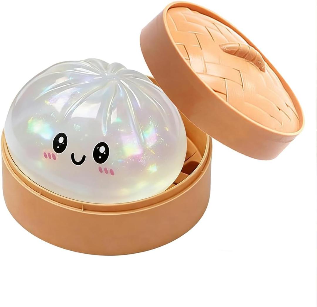 Glitter Dumpling Squishy, Colorful Dumpling Squishes Stress Balls with Steamer, Easter Gifts, Soft Squeeze Decompression Dough for Adults (White with Glitter)