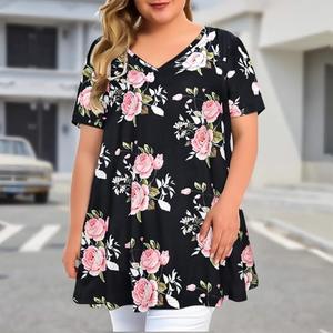 Plus Size Floral Print Tunic Top for Women Short Sleeve Loose Casual Blouse Comfortable Summer T-Shirt XXL
