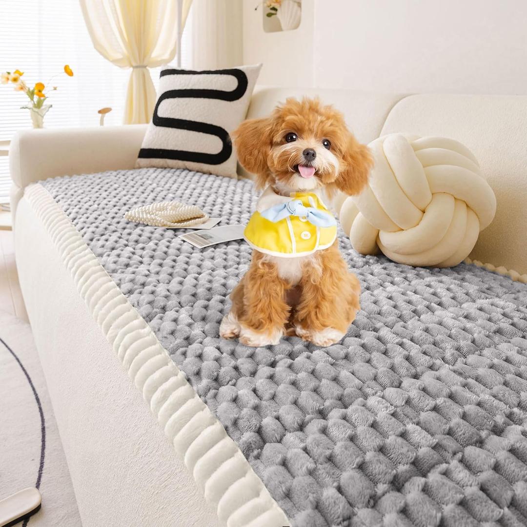 OTOB Couch Cover for Dogs Washable Non Slip Plush Sofa Covers for 3 Cushion Couch, All Seasons Fuzzy Kids Pet Friendly Sofa Slipcovers Furniture Protector Bed Mat (Light Gray, 27.6" x 70.9")