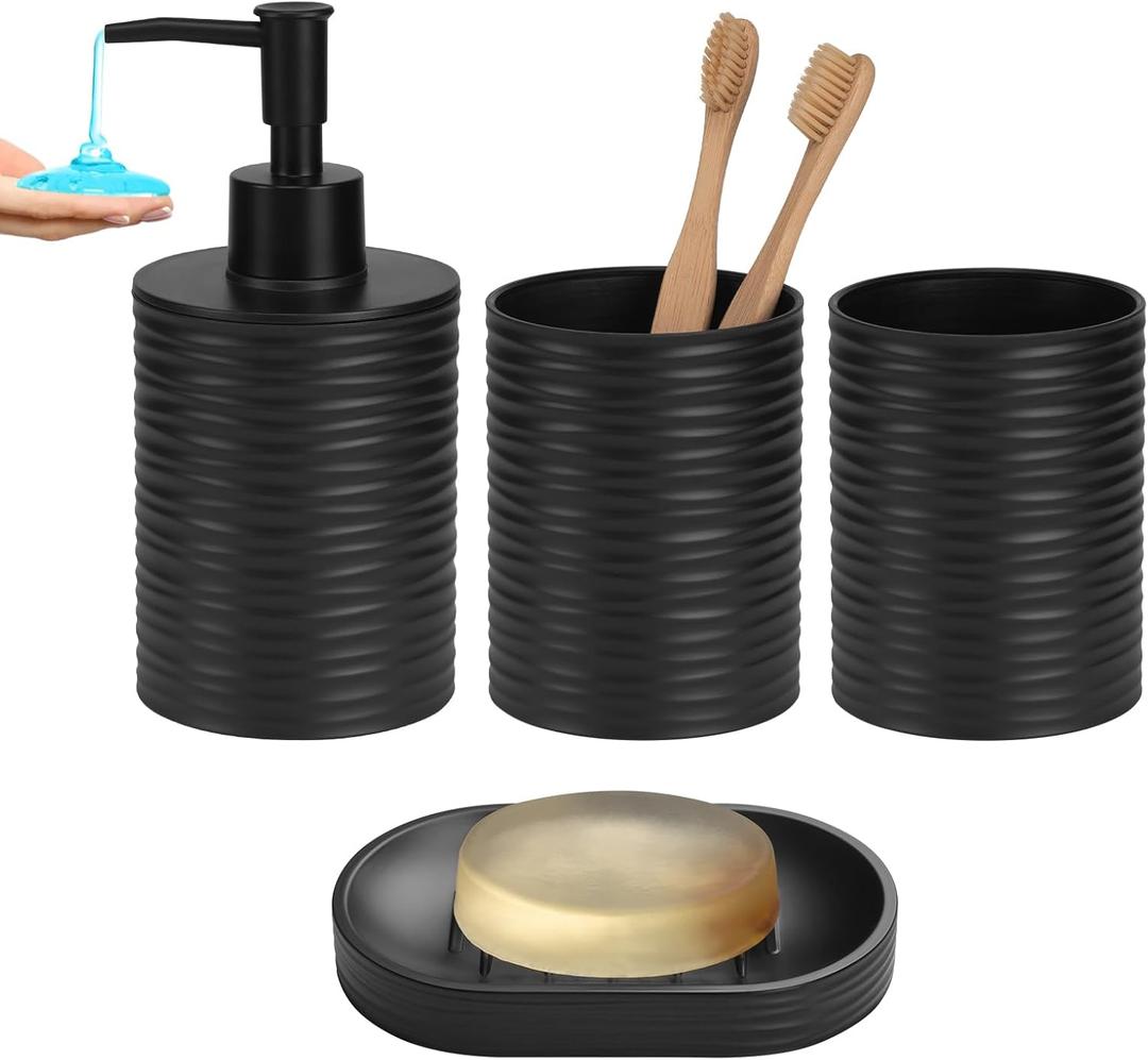 Plastic Bathroom Accessories Set 4Pcs, Black Bathroom Accessory Set Includes Liquid Soap Dispenser with Rust-Proof Plastic Pump, 2Pcs Bathroom Cup, Soap Dish for Modern Home Apartment