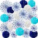 Wavwavw 24 Pcs Blue Bridal Shower Decorations Set Blue White Vintage Paper Fans Flowers Tissue Pom Poms Bloom Balls for Bachelorette Wedding Birthday Party Decorations