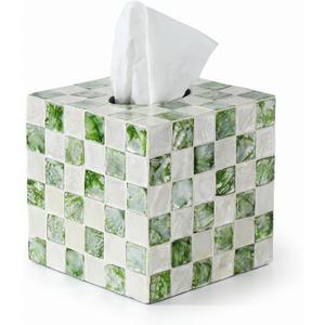 Coeusy Square Tissue Box Cover,Handmade Checkered Decorative Tissue Holder with Capiz Shells,Boho Coastal Tissues Cube Box Cover for Living Room Decor,Bathroom, Bedroom or Office(White and Green)