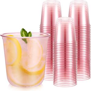 Ziliny 50 Pcs Disposable Stemless Glasses 12oz Crystal Plastic Wine Glasses Clear Classic Pet Cup for Meeting Weddings Birthdays Cocktail Christmas Party Supplies (Pink)