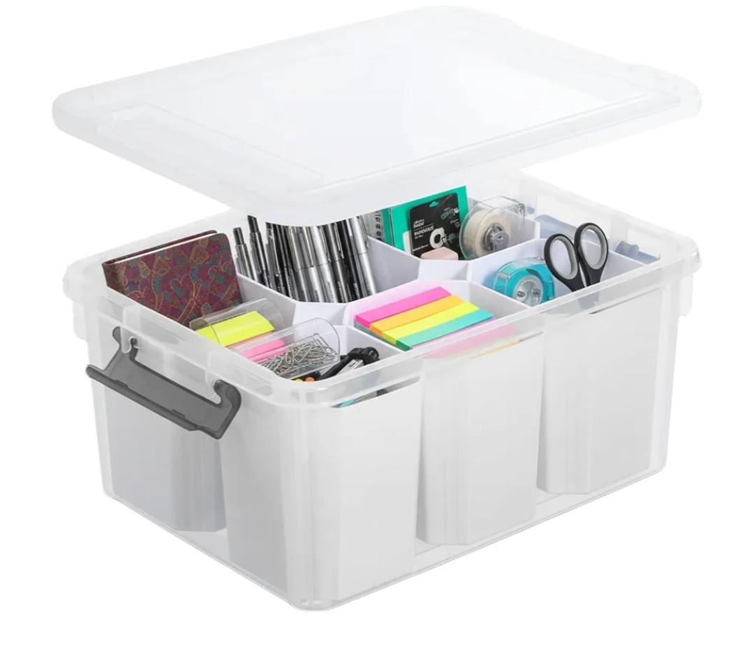 Trivon Plastic Storage Bins with 6 Removable Inserts, White Storage Container, 15.94x7.61x7.28 Inches, for Markers, Pens, Craft Tools17 QT Clear Storage Bins with Lids,