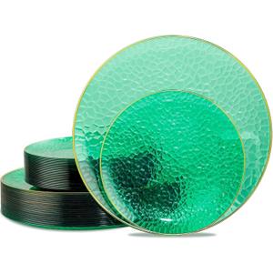 Hioasis 60pcs Green Plastic Plates - Gold Rimmed Disposable, Hammered, Heavy-duty Dinnerware Set Suitable for 30 Guests, 10.25" Dinner & 7.5" Dessert Plates for Party & Wedding