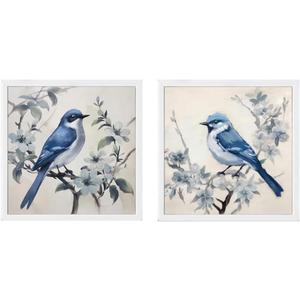 Bird Pictures Wall Decor white Framed Blue Bird Pictures Wall Decor Set of 2 Pictures with Branches and Birds Decor for Kitchen Bedroom (12"X12"X 2 Panel) Unframed