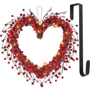 DR.DUDU Valentine's Day Wreath, 15" LED Lighted Red Berry Heart Shaped Valentines Wreaths for Front Door, Battery Operated Artificial Wreaths Home Decoration for Outdoor Indoor Wall Mantel