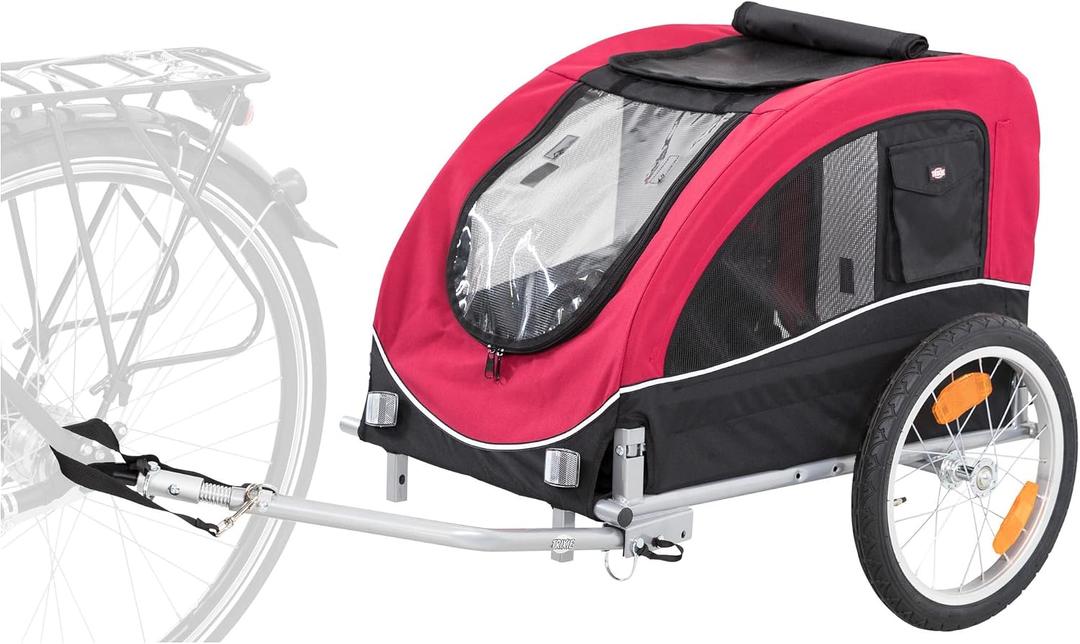 TRIXIE Large Dog Bike Trailer - Foldable Pet Bicycle Trailer for Dogs up to 66lbs Features Quick Fastening Wheels, 2 Doors, Safety Leash & Waterproof Carrier - 64 x 31 x 32.5in - Black/Red