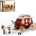 FUNWHOLE Western Stagecoach Lighting - Juego de ladrillos de construccin  Carruaje y caballo del viejo oeste 293 piezas coleccin juego de exhibicin para amantes del oeste