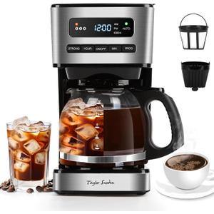 Taylor Swoden Programmable Coffee Makers 12 Cup, Hot and Iced Coffee Maker, 4 Brew Strength, LED Display, 24H Timer, Keep Warm & Auto Shutoff- Drip Coffee Machine for Home/Office, Black &Stainless Steel