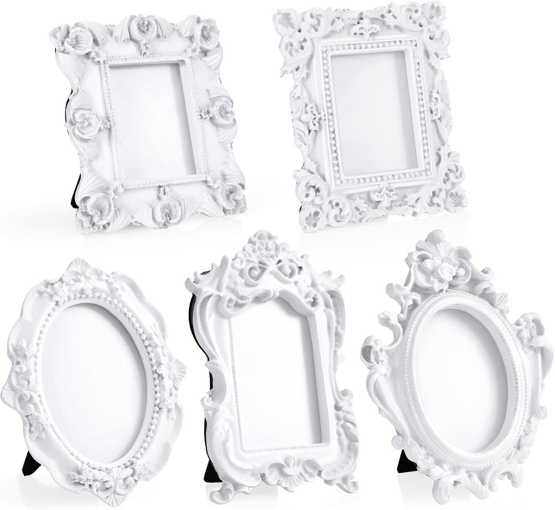 Maitys 5 Pcs Mini Picture Vintage Frames with Stands Tiny Antique Photo Baroque Ornate Resin Oval Frame Table Top Display Home Wedding Decor (White)