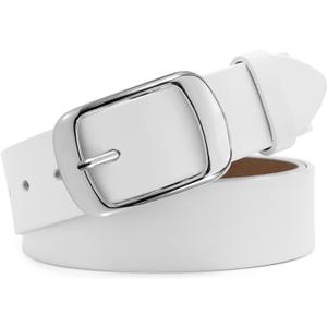 WHIPPY Women Leather Belts for Jeans Pants Fashion Dress Belt for Women with Solid Pin Buckle (M: Fit for Waist Size 30"-35", 2-white)