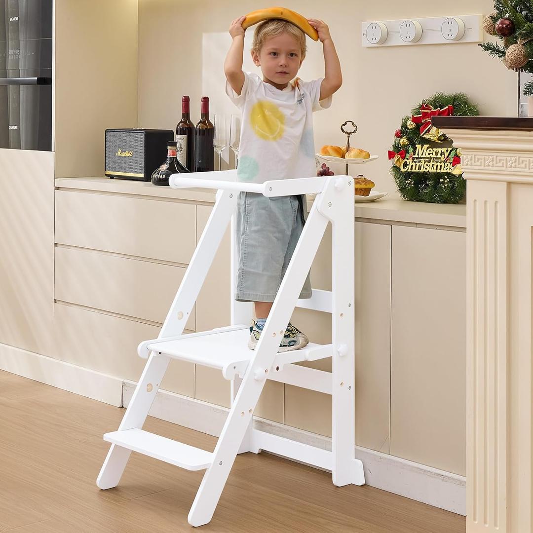 Foldable Toddler Learning Standing Tower, WOOD CITY Montessori Kitchen Step Stool Helper with 3 Adjustable Heights Learning Kitchen Tower (White)