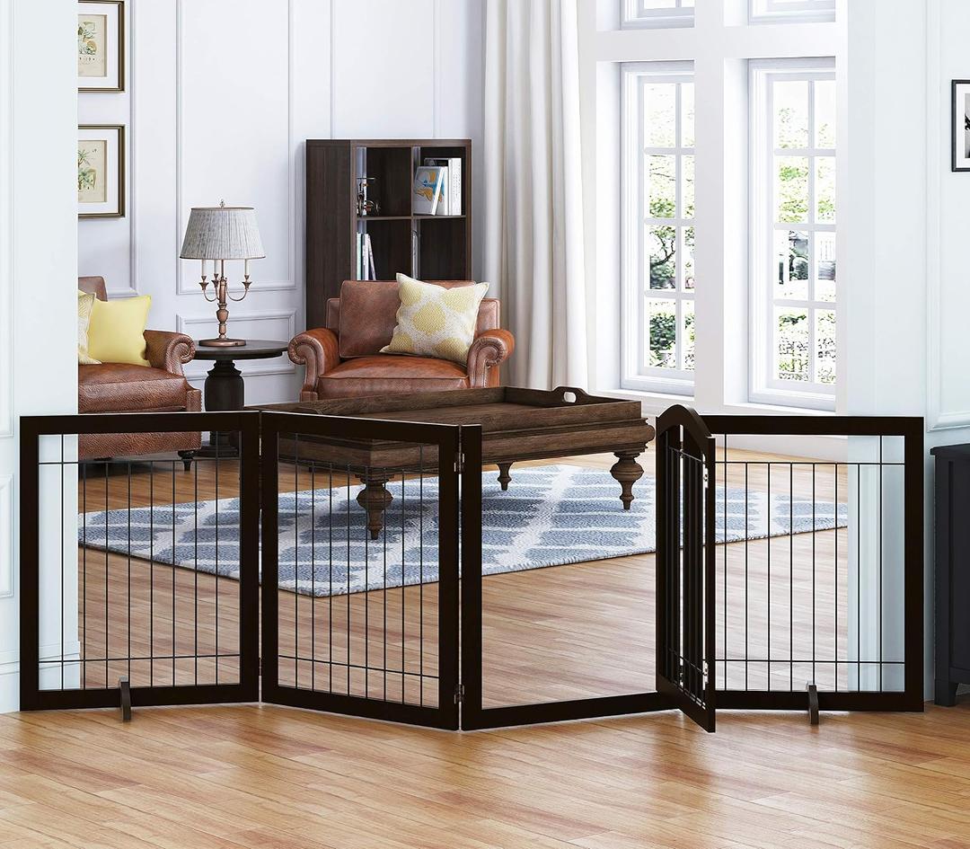 SPIRICH 96-inch Extra Wide 30-inches Tall Dog Gate with Door Walk Through, Freestanding Wire Pet Gate for The House, Doorway, Stairs, Pet Puppy Safety Fence, Support Feet Included (Espresso)