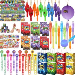 Vanblue 122 Pcs Hero Party Favors Birthday Party Decorations,Slap Bracelets,Stickers and Gift Bags Goodie Bag Stuffers Classroom Rewards Piata Fillers for Kids Boys Theme Party Supplies