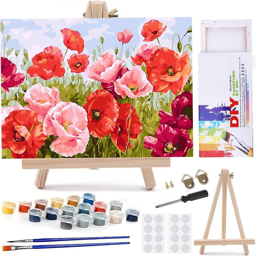 MaiMMaledy Paint by Numbers Kit for Adults Beginners 8Wx12L inch Canvas Pictures with Framed Drawing Painting Works with Wooden Triangle Easel Acrylic Pigment Poppy Flowers (Poppy Flowers 8x12inch)