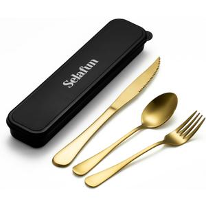 4-pieces Travel Set with Case Portable Silverware Utensils Set for work, Stainless Steel Reusable Flatware Set Cutlery Set for Camping Picnic Hiking Office (6.7inch, Matte Gold)