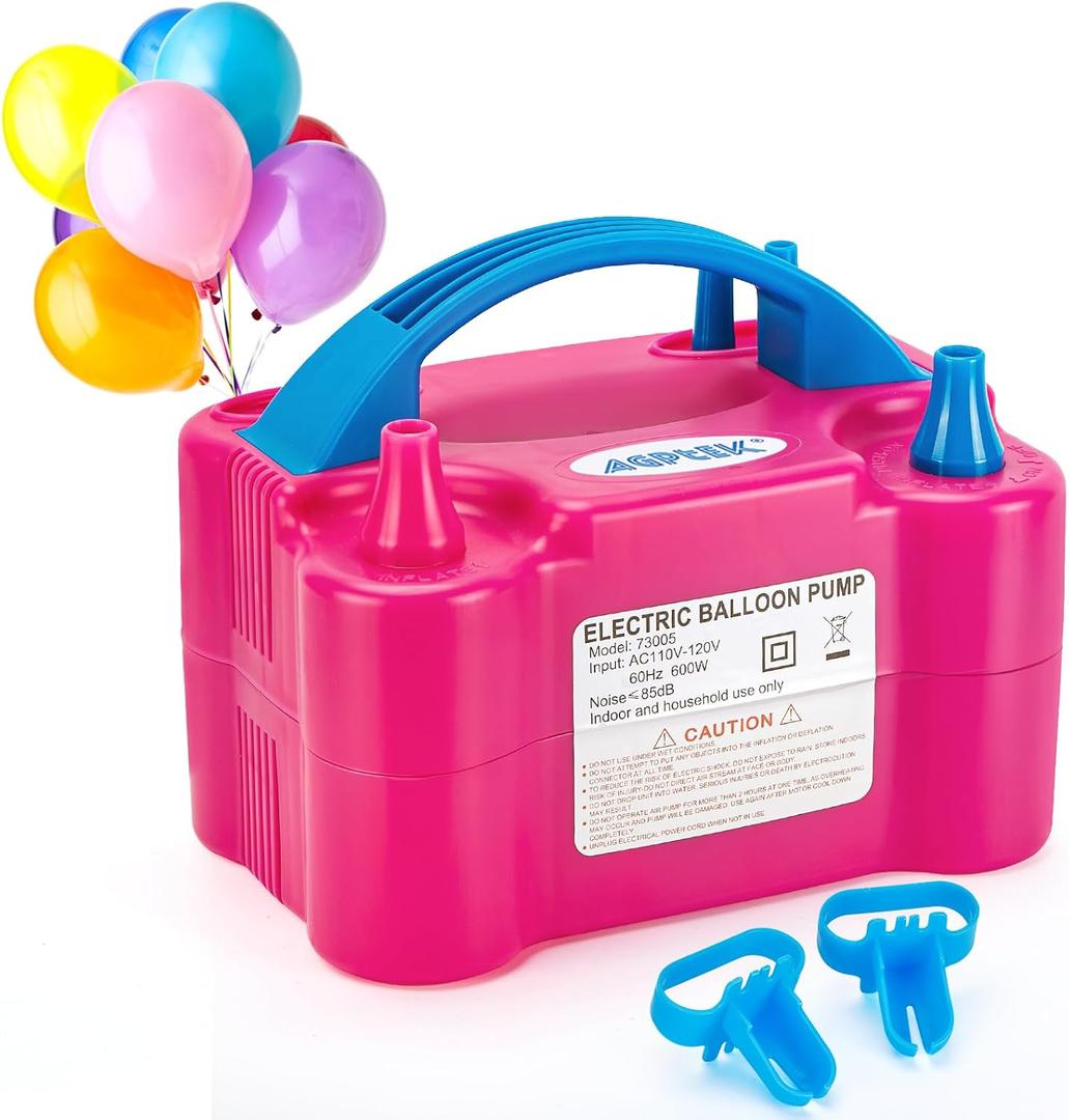 AGPTEK Electric Air Balloon Pump, 110V 600W Rose Red Portable Dual Nozzle Inflator/Blower for Party Decoration