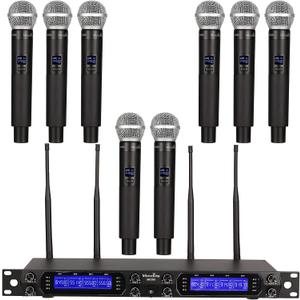 MicrocKing Wireless Microphone System, 8-Channels UHF Cordless Dynamic Handheld Mics, Long Range 400ft, Auto Connect, Ideal for Karaoke Party Wedding Speech and Outdoor Events