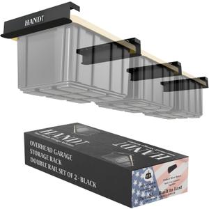 USA Based Overhead Garage Storage Rack, Connectable Heavy Duty Metal Ceiling Rails Garage Storage Organization Shelving System, Hanging Racks Tote Containers, Supports Up To 3 Bins, 2 Sets Black