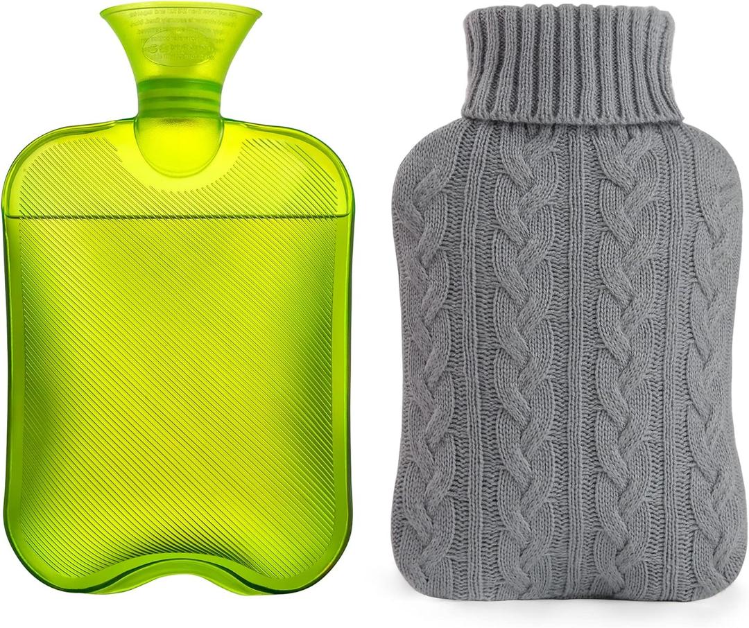 samply Hot Water Bottle with Knitted Cover, 2L Hot Water Bag for Hot and Cold Compress, Hand Feet Warmer, Ideal for Menstrual Cramps, Neck and Shoulder Pain Relief,Grey
