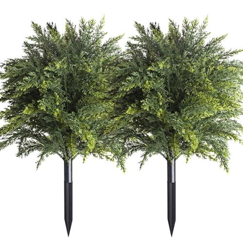 2-Pack Artificial Cedar Topiary Ball Trees 22" Outdoor UV Resistant Faux Cypress Shrubs with Ground Spike, Realistic Evergreen Bushes for Front Porch, Garden, Backyard, and Indoor Decor
