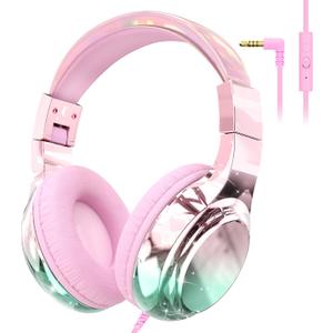 QearFun Kids Headphones Wired with Mic, 85/94dB Safe Volume Limit, Foldable Over Ear, Tangle-Free Cord & Sharing Port, Wired On-Ear Headset for School, Chromebook, Tablet, Travel - Boys & Girls (Pink aurora)