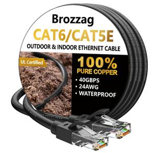 Ethernet Cable 25ft For Cat6/Cat5E, 40Gbps Support Cat8/Cat7, 24AWG Pure Copper, UL Certified Network Cable, Direct Burial Waterproof & UV Resistant, High Speed RJ45 LAN Cord -POE/Modem/Router, Black