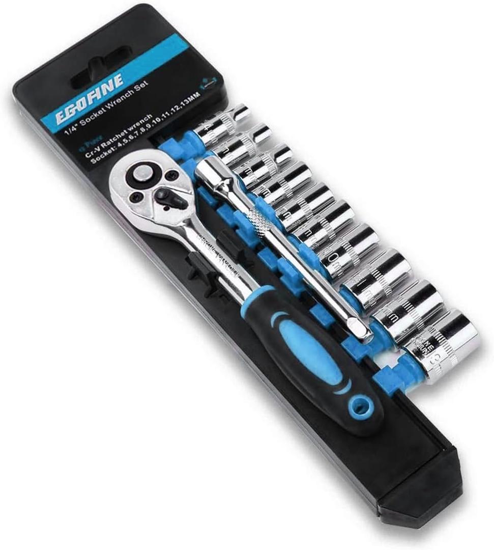Egofine 12pcs 1/4 Inch Mini Ratchet Socket Wrench Set, Drive Socket Set with 10 Sockets (4-13mm) and 2 Way Quick Released Ratchet Handle and Extension Bar, Blue