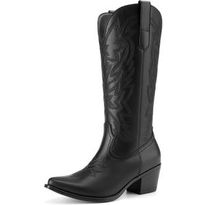 Athlefit Cowboy Cowgirl Boots for Women Fashion Low Chunky Heel Snip Toe Embroidery Western Mid Calf Boots (7.5, Black)