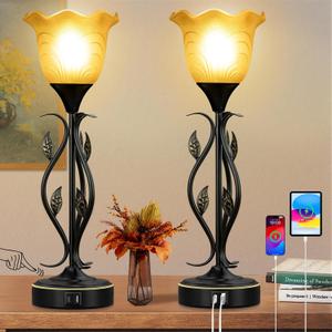 20" Table Lamps for Living Room Set of 2 Touch Bedside Lamps with USB C Ports, Leafy Vines Amber Flower Shade, Torchiere Design for Bedroom Nightstand, LED Bulbs, Easy Assembly