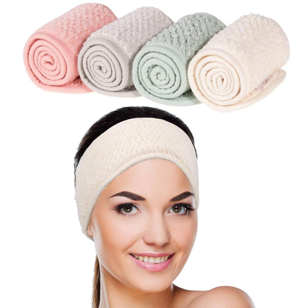 Whaline 4 Pack Spa Facial Headband Makeup Hair Wrap Adjustable Hair Band Soft Towel Head Band for Face Washing, Shower Sports Yoga (Pea Green, Pink, Beige, Light Gray) (Pea Green, Pink, Beige, Light Gray)