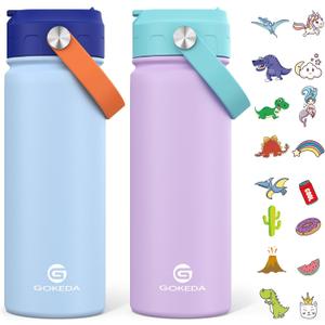 GoKEDA 18oz Kids Water Bottle, 2 Pack Insulated Bottles with Stickers, 18/8 Stainless Steel Vacuum Leak Proof Straw Cup for School, Gifts for Girls(Light Blue, Purple)