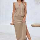 Pink Queen Women's Summer 2 Piece Outfit Set V Neck Button Crop Tank Top Vest Bodycon Maxi Long Skirt Waffle Knit Dress (Beige, L)