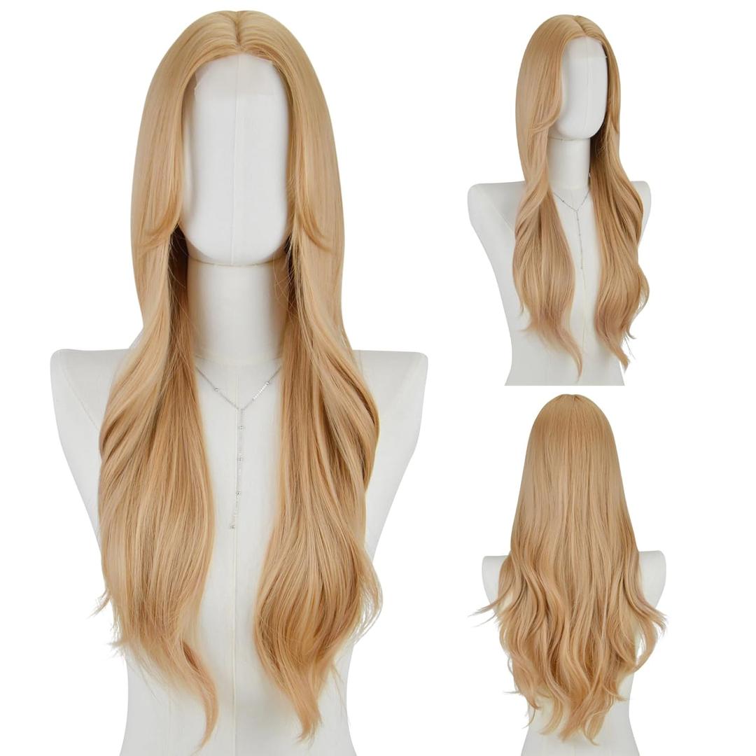 FREE BEAUTY Long Blonde Wavy Wig for Women 26 Inch Middle Part Curly Wavy Wig Natural Looking Synthetic Heat Resistant Fiber Wig for Daily Party Use