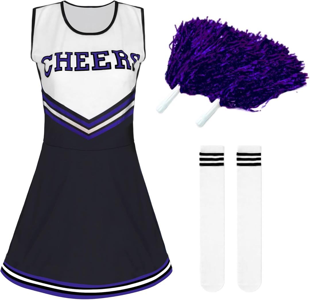 Women's Cheerleader Costume Outfit Cheer Dress with Pom Poms & Retro Striped Socks for Halloween Sports Events Theme Parties