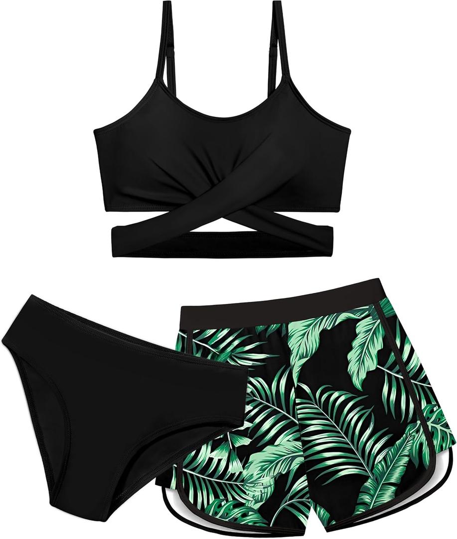 Girls Swimsuit 3 Piece Bathing Suit Criss Cross Bikini Set Girls' Swimwear with Shorts 7-16T (13-14 Years, Black)