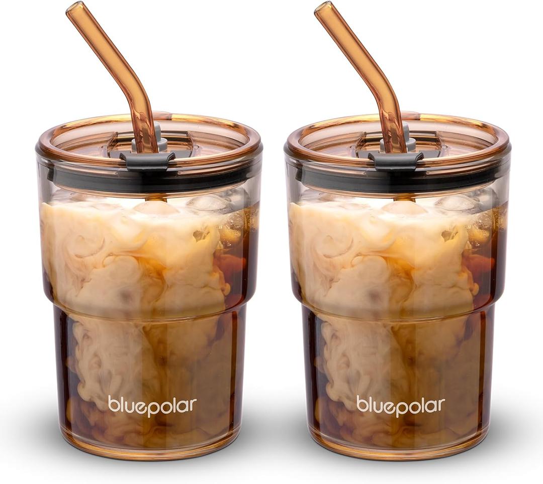 BLUEPOLAR 13oz/400ml Glass Water Tumbler with Straw and Lid Sealed Carry On Thick Wall Iced Coffee Cup Glass Cup for Water, Iced Tea Fruit Juice Etc (Amber-2PACK)